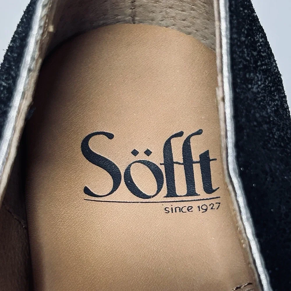 Sofft Black Leather Pumps Sz8M Crackle Metallic Suede Peep Toe Heels Comfort